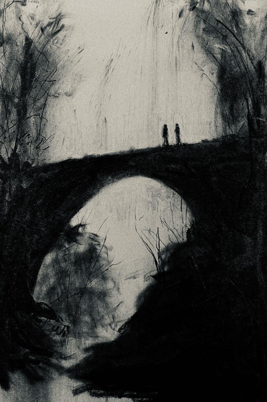 Bridge with Two Figures — Charcoal on paper