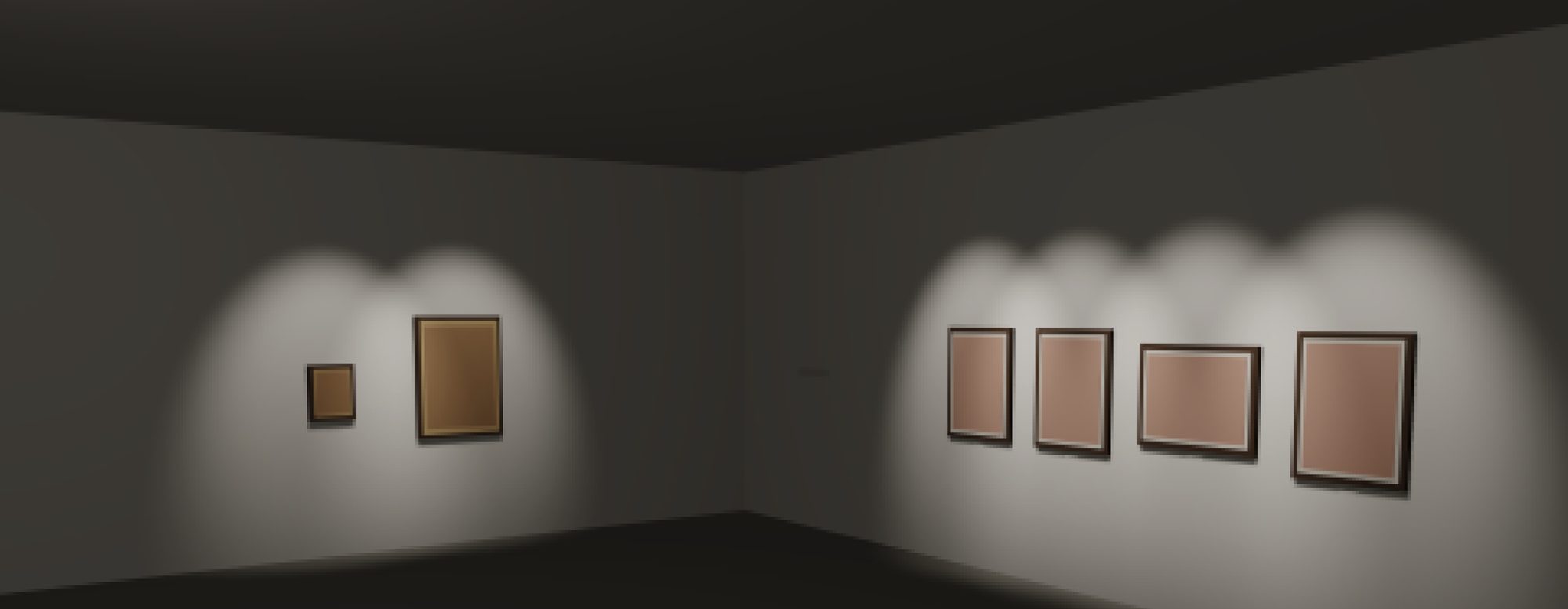 Exhibition rendering of the six works across two walls