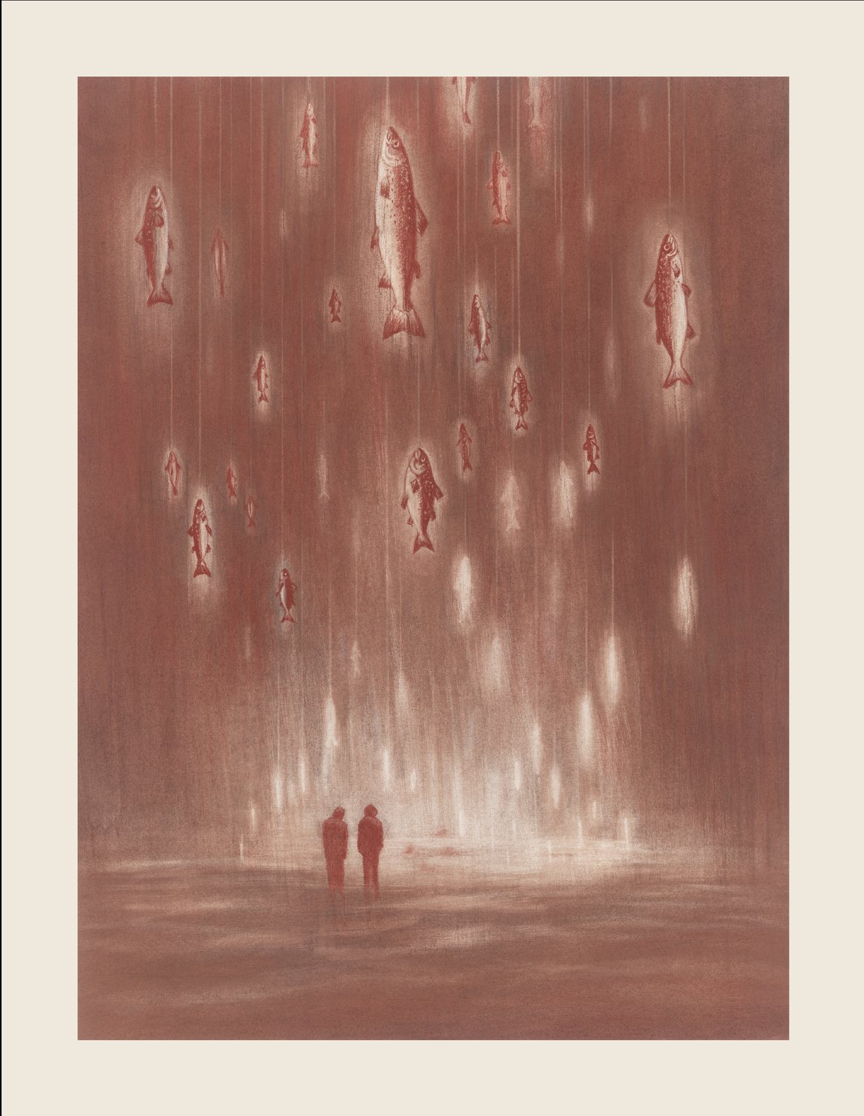 The Last Run — Salmon being fished out of the world, two small figures below.